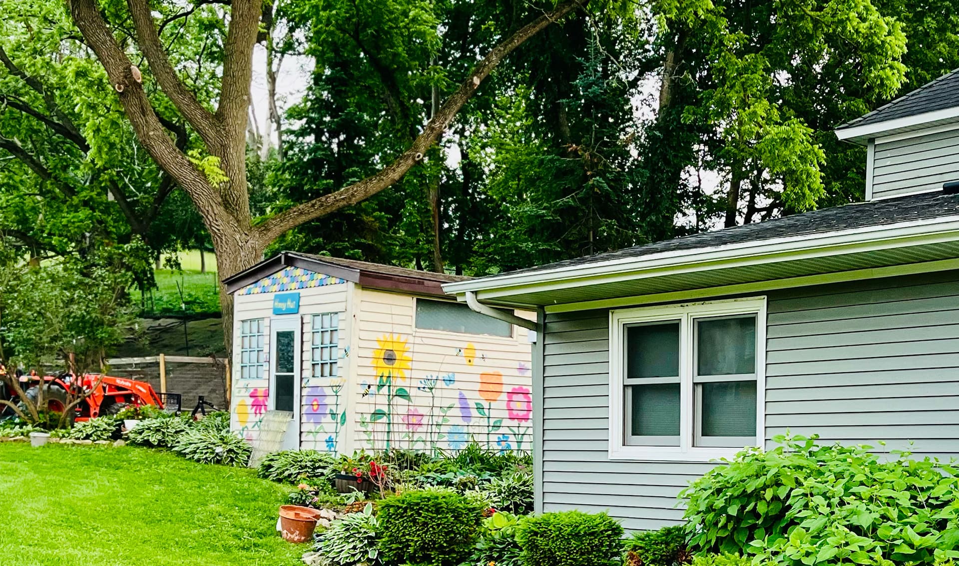 A colorful garden shed with floral murals sits beside a gray house, surrounded by lush greenery.