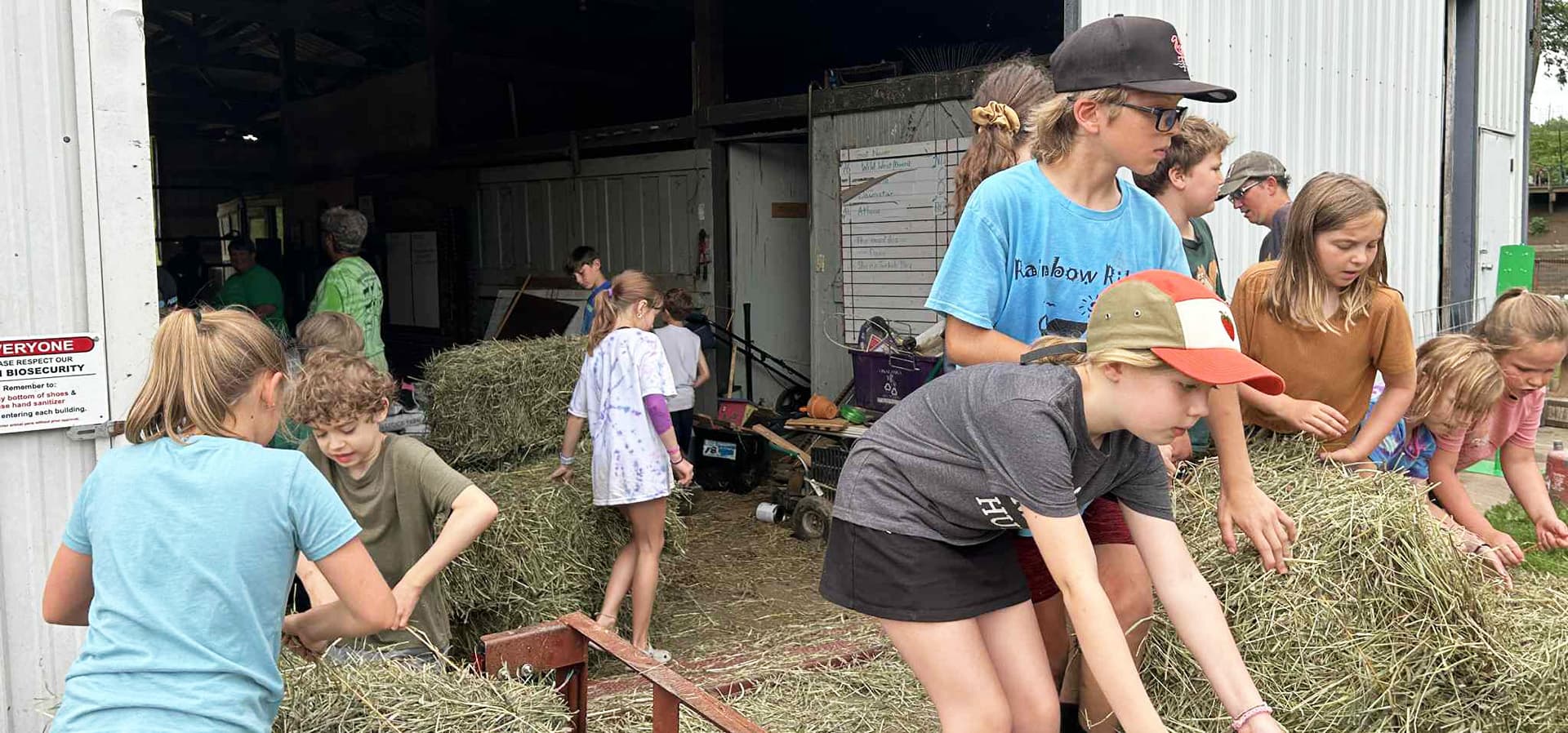 A group of children is working together to stack hay bales inside a barn.